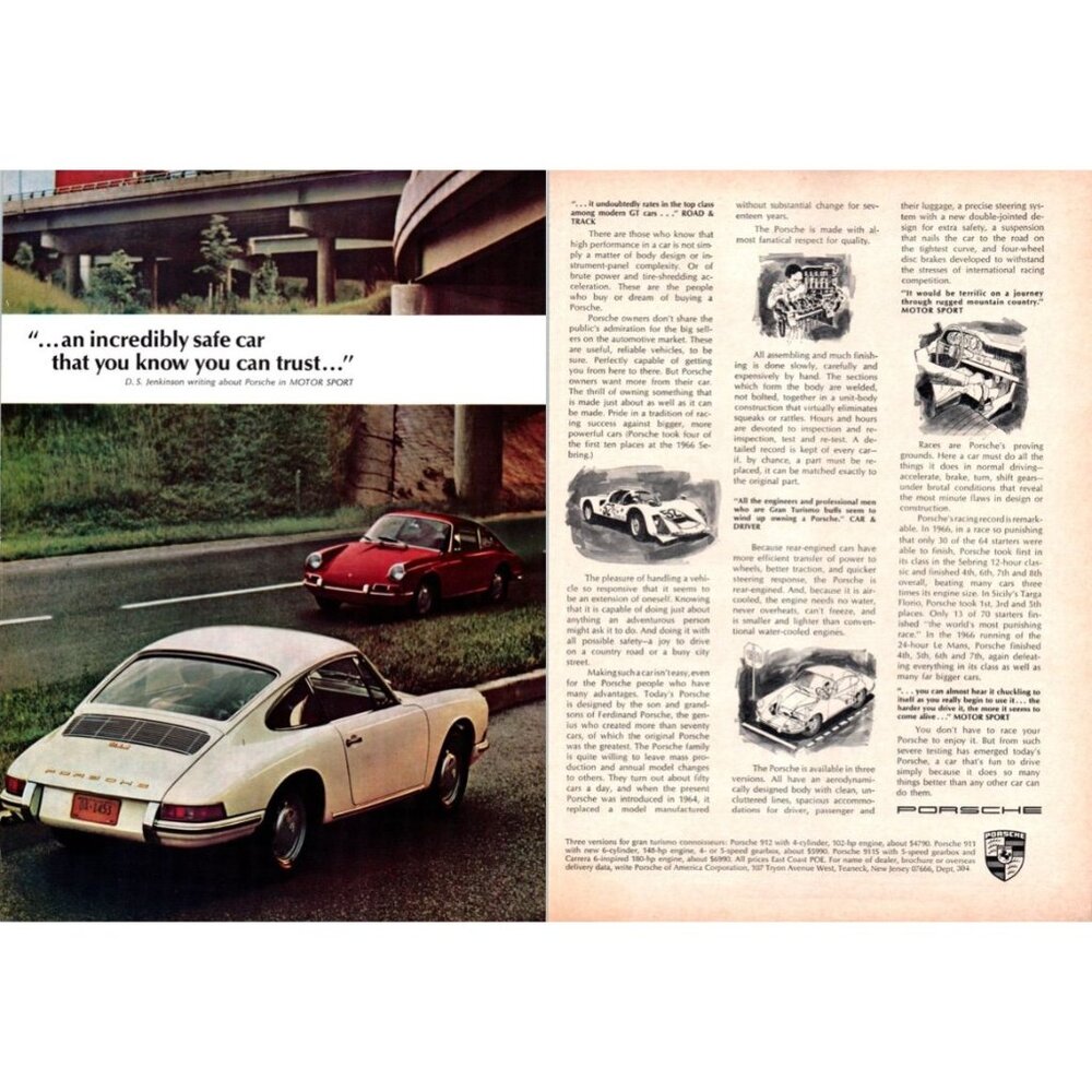 1967 Porsche 911 and 912 2 Page Vintage Print Ad Highway Overpass 60s Wall Art
